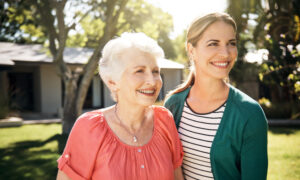 senior lady with caregiver outside