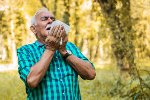 Senior man standing in nature, holding a tissue in his hands and preparing to sneeze